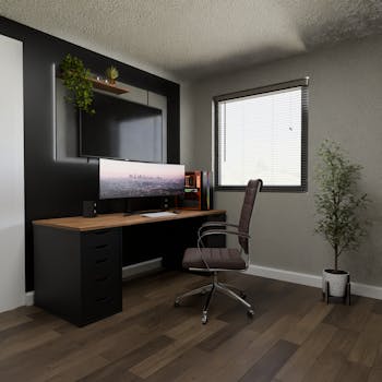 Sleek home office featuring a minimalist desk setup with a large monitor and ergonomic chair.